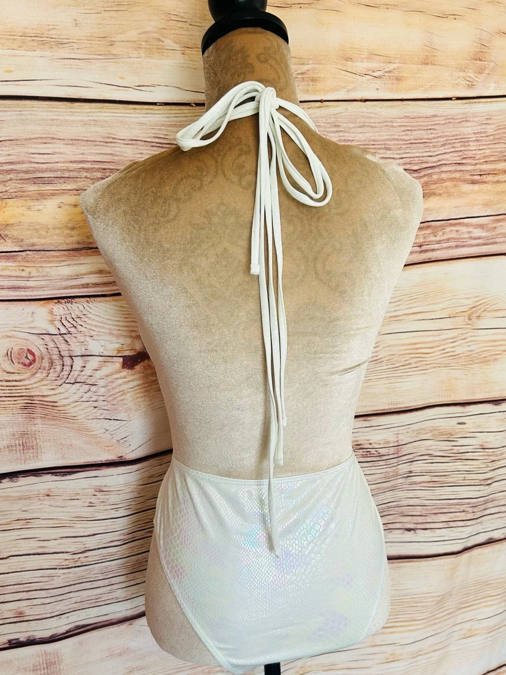 SHEIN White Snakeskin Print Iridescence Plunging One-Piece Swim Suit L NWT